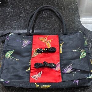 Embroidered Vintage Chinese Black and Red Butterfly Silk Lined Tote Bag